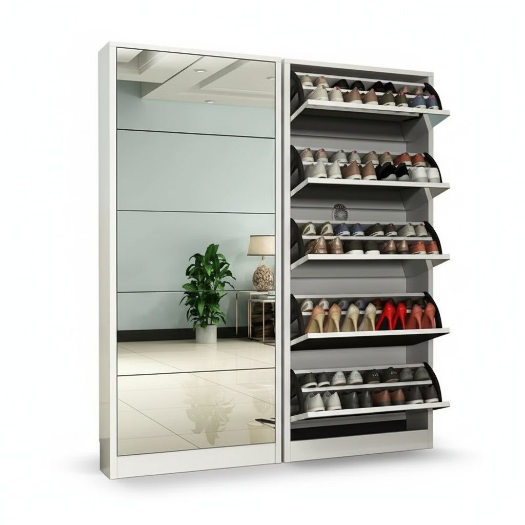 Shoe Rack Cabinet Narrow Entryway - Lemari Sepatu Kayu Modern dengan Cermin,