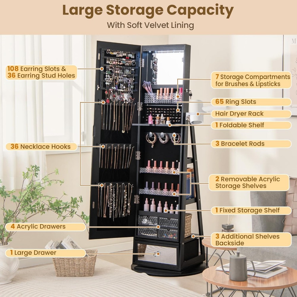 360 °   Lemari Perhiasan Putar - Full Length Mirror Jewelry Armoire ulasan dan harga
