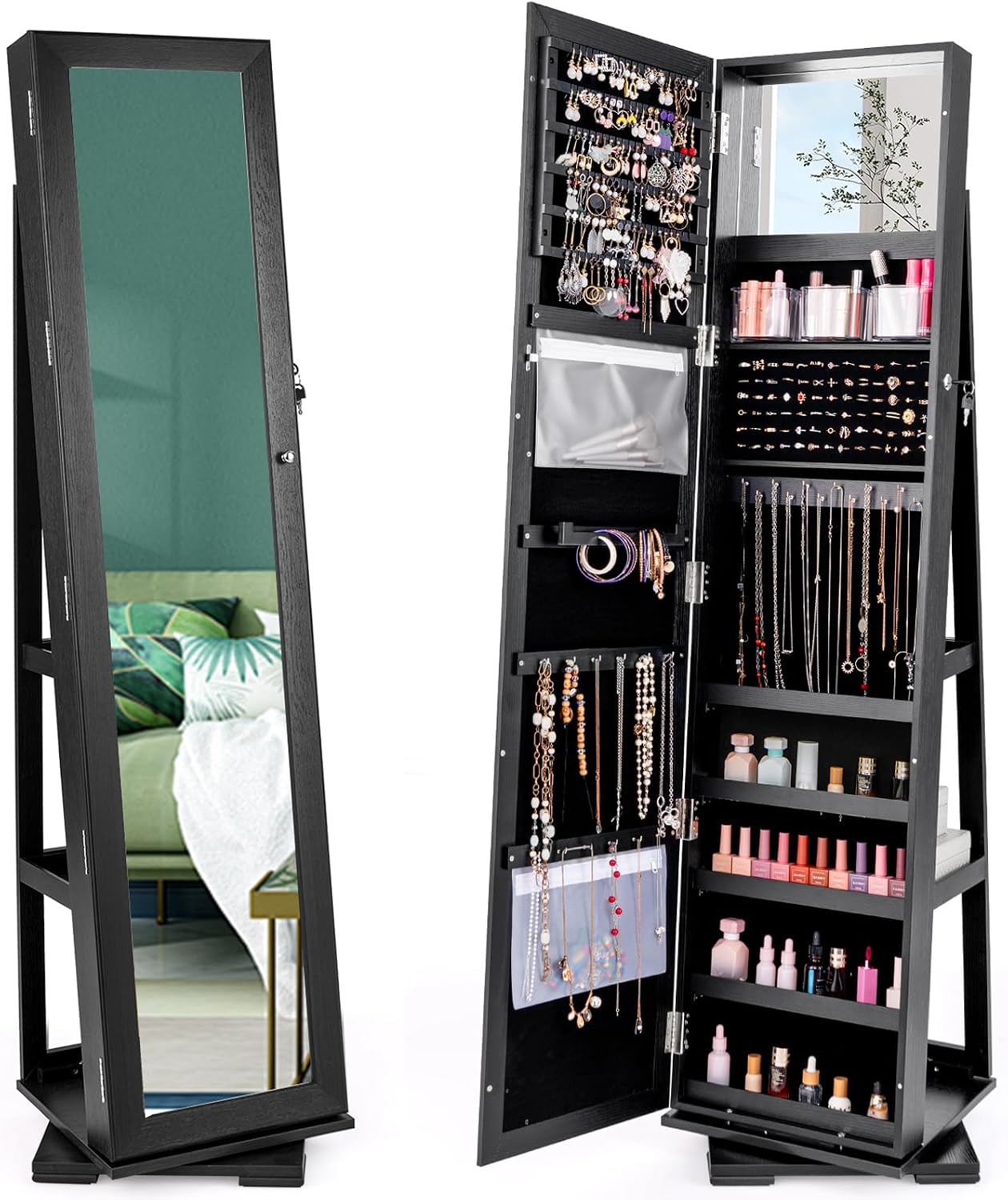 Lemari Perhiasan Hitam Beroda, - Full Length Mirror Jewelry Armoire ulasan dan harga