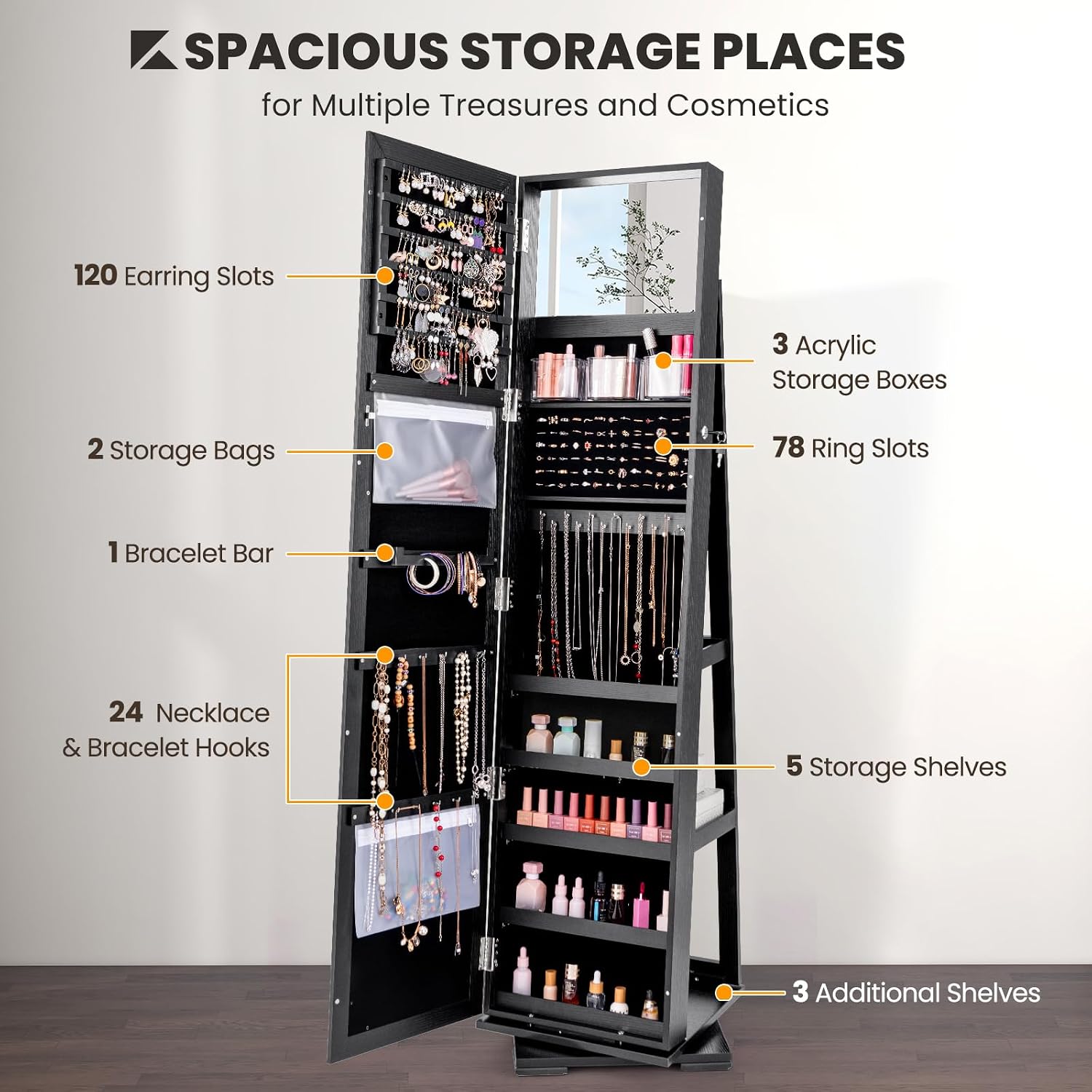 Lemari Perhiasan Hitam Beroda, - Full Length Mirror Jewelry Armoire ulasan dan harga