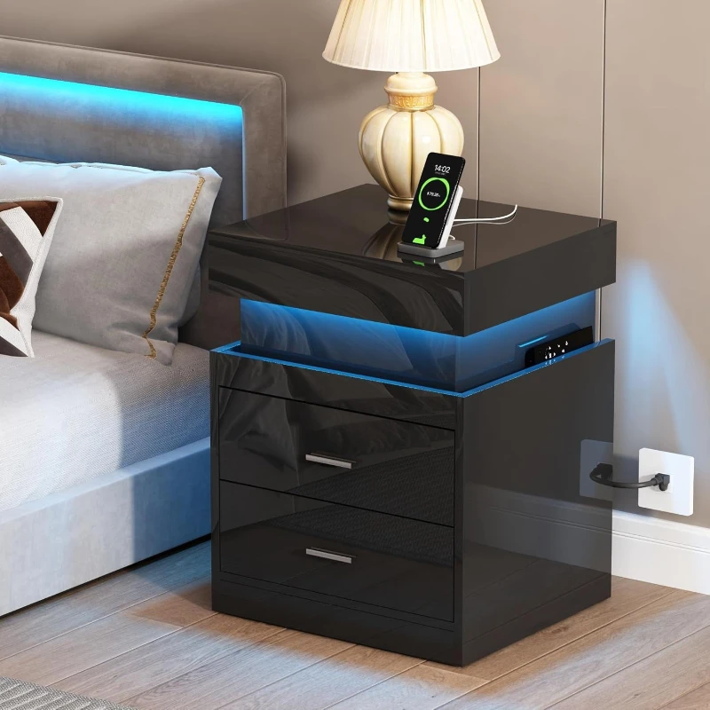 Meja Nakas LED dengan Stasiun  - Solid Wood Nightstand 2 Drawers ulasan dan harga